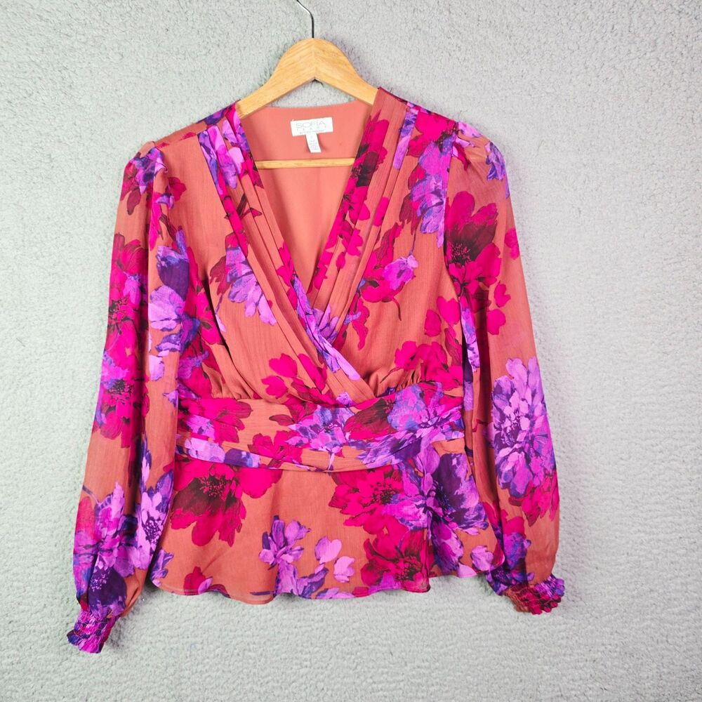 Sofia Jeans Floral Blouse Pink Orange Small Romantic Peplum Ruffle Cuff